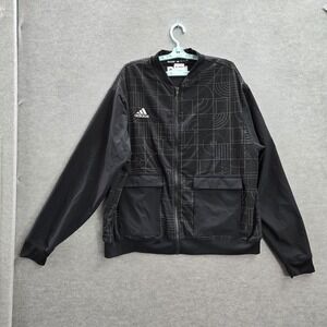 Adidas Men Jacket XL Black Geometric Playoff Bomber Logo Full Zip Pockets